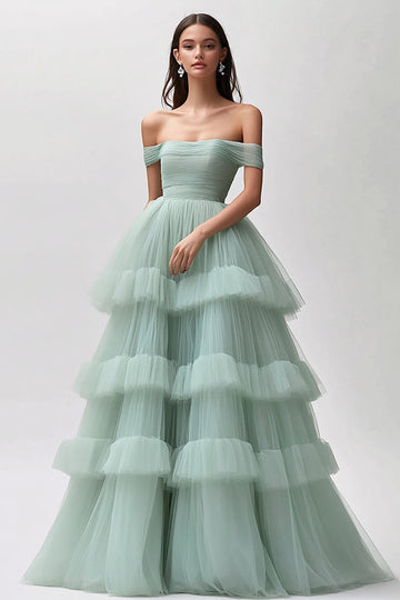 Light Green Ruffled Off The Shoulder Tulle Long Prom Dress